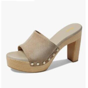 miss left Light Coffee Platform Chunky High Heel Mules Open Toe Studded Sandal